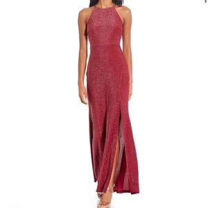 Junior’s Red Shimmer Glitter Side Slit Long Dress